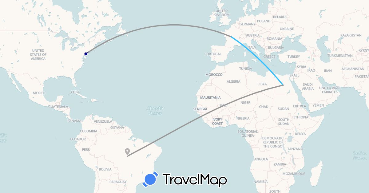 TravelMap itinerary: driving, plane, boat in Brazil, Egypt, France, United States (Africa, Europe, North America, South America)